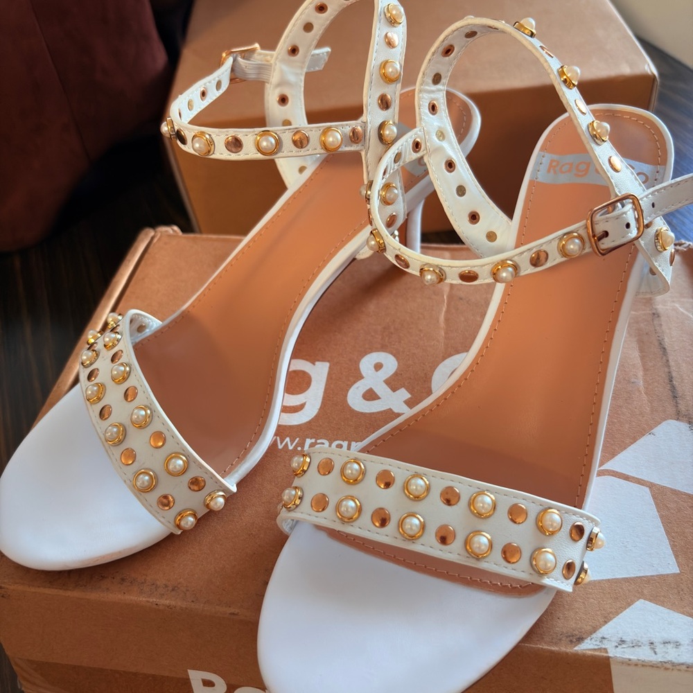 Rag & Co ~ White Genuine Leather Studded Ankle-Strap Heels - Picture 3 of 5